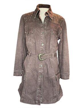 Vintage 2000s Women’s Brown Denim Studded Belted Trench Coat Sz L